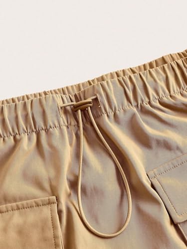 EARKOHA 2025 Skirts for Women Solid Color Drawstring Waist A-Line Work Skirt with Flap Pockets Khaki S3