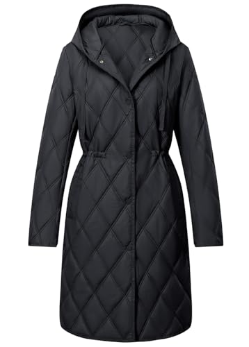 Bellivera Women's Winter Hooded Fashionable Puffer Coat Long-Sleeve Diamond Quilted Warm Casual Jacket Lightweight Flattering Fit Packable Outwear KURDT 0579 BLACK XL