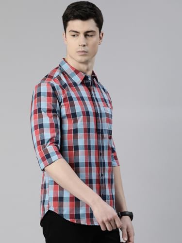 Image of JOVEN Men Slim Fit Pure Cotton Brown and Dark Green Casual Checked Shirt