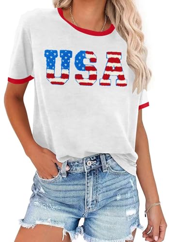Image of Ithalt Women 4th of July Shirt Fourth of July Shirts USA Sequin Tshirt American Patriotic T-Shirt Stripes Tee Tops