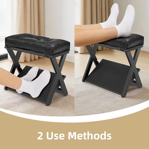 Image of Adjustable Height Foot Rest Under Desk at Work, Double Step Wooden Under Desk Footrest, Non-Slip EVA Surface, Office Foot Stool for Posture Support, Leg Relief, Home Office & Gaming-Black