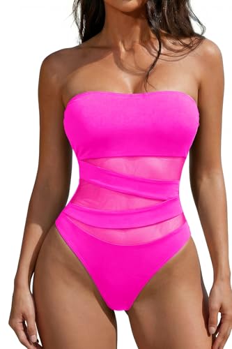 Image of Holipick Women Sexy One Piece Swimsuit Strapless Bathing Suits | Bandeau Neckline, Mesh Cutout Design, Push Up Removable Pads, High Cut, Removable Straps, Pool Beach Cruise Resort