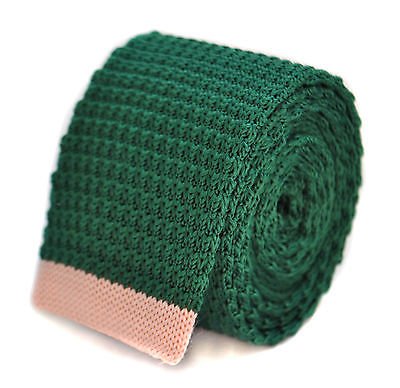 Frederick Thomas Men's Green Dark Skinny Knitted Silk Tie With Pale Baby Pink Tip With 5Cm Width And 147Cm Length, Premium ’S Neckwear For Office, Weddings, Formal & Special Occasions