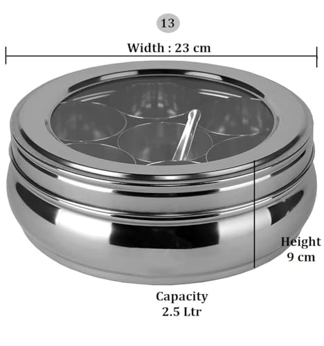 Image of INKULTURE Stainless Steel Masala Box For Kitchen, Belly Shaped And Capacity 2.5 Liter | Spice Box /Masala Dabba /Namak Dani With See Through Lid, 07 Containers And Spoon | Anjarai Petti