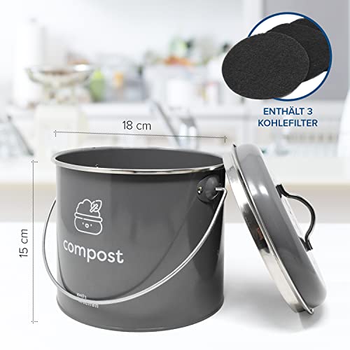 Joeji’s Kitchen 3,5L groß Biomülleimer für die Küche - Metall Kompost Küchenkomposteimer mit Deckel - 3er Aktivkohlefilter enthalten - Küchenbiomülleimer Biomüllbehälter - Grau