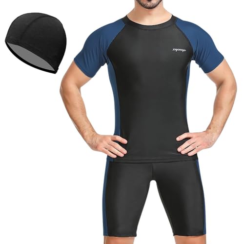 Recopilación de Ropa de baño para Hombre los 5 mejores. 46 SlowTon Traje de Baño para Hombre, 3 en 1 Secado Rápido Transpirable Protección Solar UPF50 Hombres Bañador con Short, Camiseta De Manga Corta y Gorro, para Surf Natación...