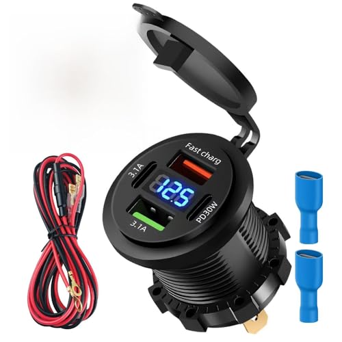 66W 12 Volts Prise USB, 4 Ports Prise de Chargeur de Voiture Double PD 3.1A 30W et Double Rapide Charge USB A avec LED Voltmètre pour Voiture Chargement...