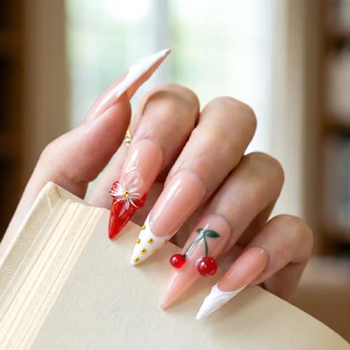 IntoVibes 10 Pieces Handmade Long Almond Press On Nails, White Thickened French False Nails, 3D Flowers And Cherries, Reusable Fake Nails Almond, Reusable Acrylic Nails (M) — view 2