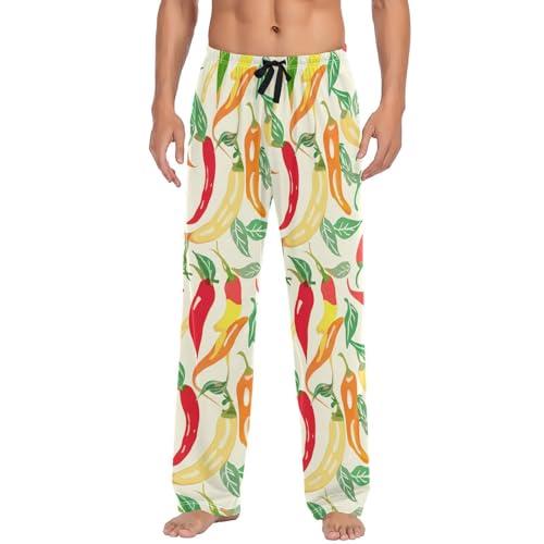 Men's Pajama Pants Watercolor Pepper Yellow Red Sleep Pajama Lounge Pant with Pockets, Elastic Waistband