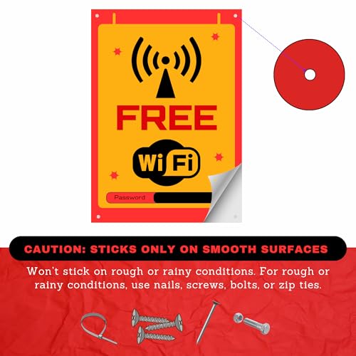 Image of WiFi Sign Sticker Board 20.5 x 14.5 CM | Peel & Stick or Screw Fixing | Pre-Drilled 4 Holes | Waterproof Finish | Pack of 2 (Free Wifi, Medium -20.5 x 14.5 CM)