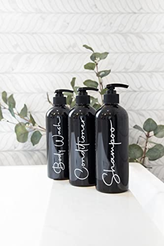 Image of Alora Reusable Shampoo and Conditioner Bottles - Set of 3 - Matte Black - Permanent Stylish Labels - 16oz Pump Bottle Dispenser for Shampoo, Conditioner, Body Wash - Plastic Refillable Containers