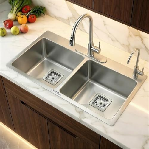 Image of EVANEX Double Bowl Kitchen Sink with Tap Hole 37x18x10 inch Double Sink for Kitchen 304 Stainless Steel Handmade Kitchen Sink Including Couplings, Waste Pipe, Connector and Drain Basket