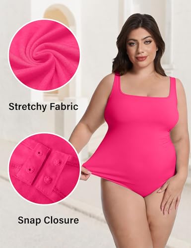 Image of FOREYOND Plus Size Bodysuits for Women Short Sleeves Square Neck Body Suit Tops Casual Basic Slim Fit Shirts Leotards