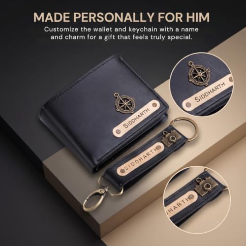 Image of Personalized Name & Charm Leather Wallet & Keychain (Dark Brown) Giftset for Men|Customized Birthday Anniversary Corporate Gift for Man|Gifts for Men|Secret Santa Gifts for Office Staff Dark Grey