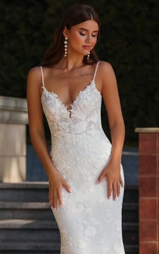 Lace Applique Wedding Dresses for Bride Spaghetti Straps Mermaid V Neck Long Bridal Gowns 20254