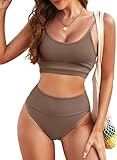 Herseas Women Two Piece Bestselling Bikini Solid Color Crop Top High Cut Swim Suit Sporty Summer High Waisted Bathing Suit with Bottoms Brown X-Small 0 2