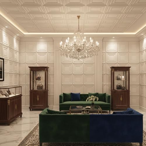 Image of Kayra Decor 3D PVC Wall Panels for Bedroom & Living Room | Frame Design | White Color | 19.7 x 19.7 Inch | Pack of 18 | 48.42 Sq Ft