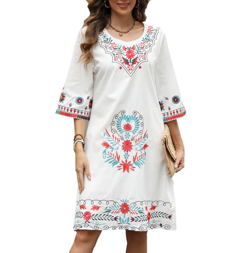 Image of Higustar Mexican Embroidered Dress Summer Cotton Bohemian Flower Peasant Traditional Mexico Fiesta Boho Dresses for Women