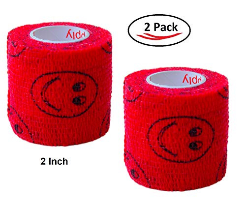 Image of Vet Wrap Wrap Tape (Red with Smiles) (2 Pack) (4 Inch x 15 feet) Self Adhesive Adherent Adhering Cohesive Flex Self Stick Bandage Grip Roll Dog Cat Pet Horse