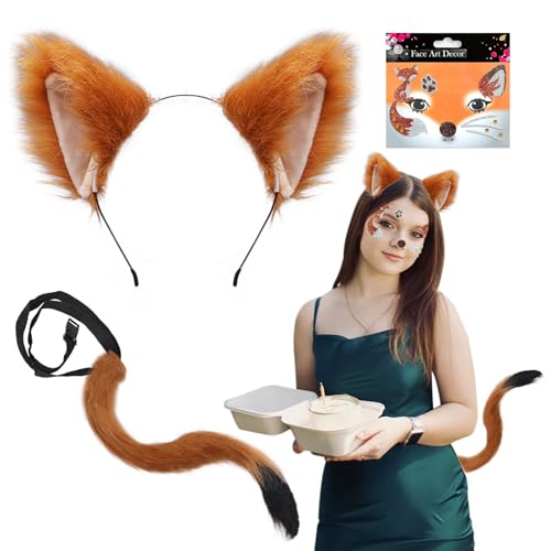 SAIIURV 3 Pieces Fox Costume for Children or Adults, Animal Cosplay Fox Ears Tail Fox Stickers Tattoo Face Animal Costume for Halloween Carnival Christmas Party Cosplay (Fox)