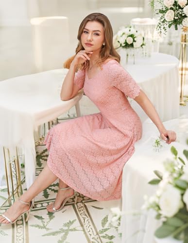 Image of Dressystar Women's Short Sleeve Lace Wedding Guest Dress V Neck A Line Formal Cocktail Evening Party Dresses 2025
