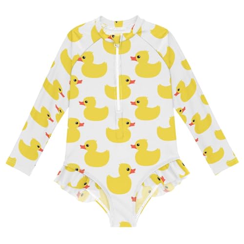 Girls Long Sleeve One Piece Swimsuits UPF 50+ Quick Dry Rashguard Bathing Suits Yellow Rubber Duck White
