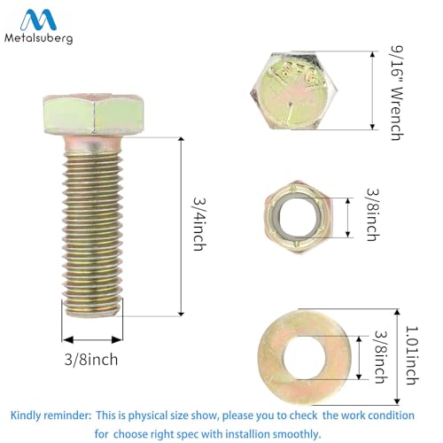Image of 3 /8 inch x 3 /4 inch Hex Head Bolt by Color Galvanization with Nylon Lock nut and Large Size Washer Assortment Kit,Alloy Steel,Grade 5.(10pcs Pack),by Metalsuberg.