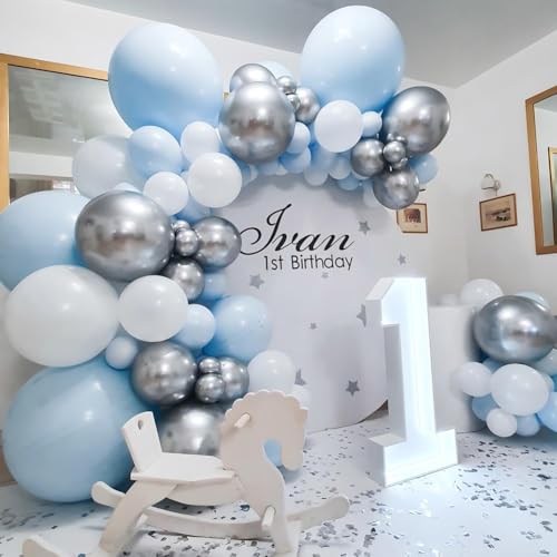 Image of 60 Pcs 12 Inch Baby Blue and Silver Balloons Light Blue White Latex Balloons with Chrome Metallic Silver Party Balloons for Boys Baby Shower Bridal Baptism Winter Birthday Party Decorations