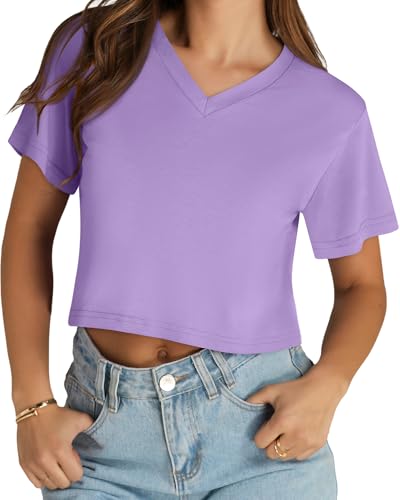 Image of Womens Crop Tops Short Sleeve V Neck Summer Cropped T Shirts Baisc Tees