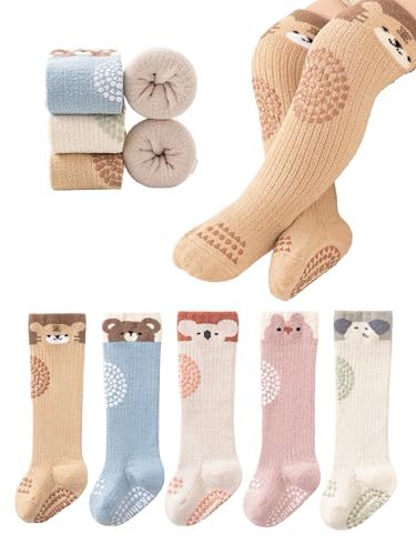 Toddler Knee High Socks with Grips Thick Warm Baby Non Slip Knee Pads for Crawling Newborn Infant Stockings 5 Pairs