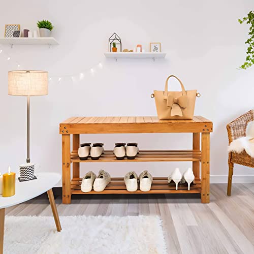 Jmlhmxc Bamboo Shoe Rack Bench, 34''L*12.5''W*17.5''H Extended Edition 3-Tier Shoe Rack For Entryway,Wooden Shoe Shelf Organizer Holds Up To 300 Lbs Ideal For Hallway Bathroom Living Room Mudroom #TOP4