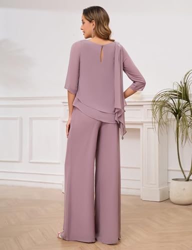 2 Piece Mother of The Bride Pant Suits for Women 3/4 Sleeves Chiffon Lace Ruffled Formal Wedding Outfit3