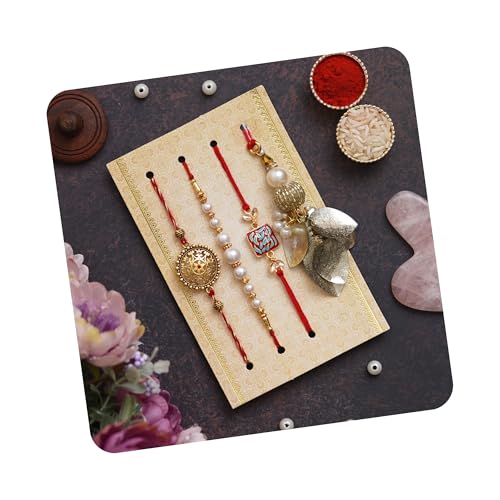 Image of eCraftIndia Set of 4 Red Golden White Pearls Rakhi for Brother Bhaiya Bhai | Roli Chawal Pack | Rakhi Combo