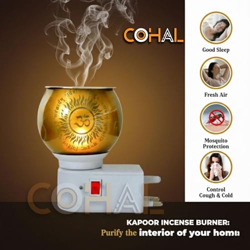 Image of COHAL Glass Kapoor Dani Electric Camphor Diffuser with Ganesh Ji Om Design | Aroma Dhoop & Incense Burner | Electrical Night Lamp for Home, Office & Pooja Room