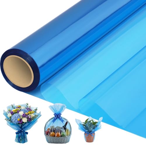 woric Cellophane Wrap for Gift Baskets 17In X 82 Ft Blue Cellophane Wrap Roll Gift Basket Wrapping Plastic for Graduation Treats Cookies Bouquets Baby Boy Shower Birthday Ocean Party