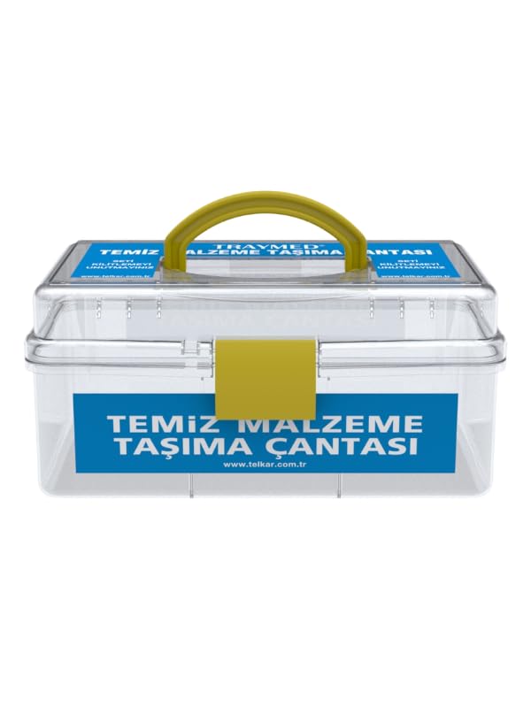 Telkar Şeffaf Cerrahi Alet Taşıma Çantası, Tıbbi Malzeme Saklama Kutusu, Sarı Tutacaklı, Steril Ekipman Organizatörü