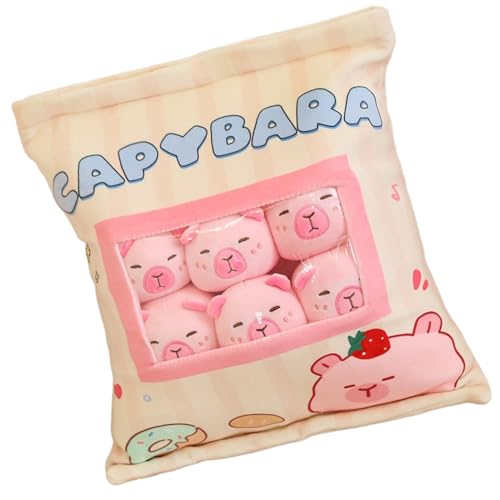 Cojín para aperitivos de animales, cojín para bolsa de aperitivos, cojín de peluche Capybara, cojín de peluche extraíble con 6 cerdos de agua para niños, que hará sonreír a todos
