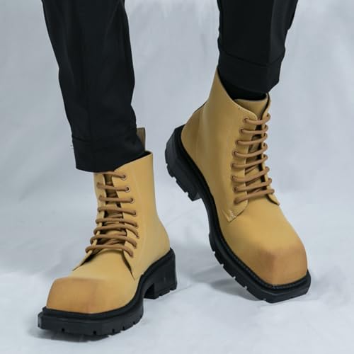 Image of Mens Retro Leather Lace-Up Chunky Heels Chukka Ankle Boots Casual High-Top Non-Slip Square Toe Dress Shoes for Walking Formal Business