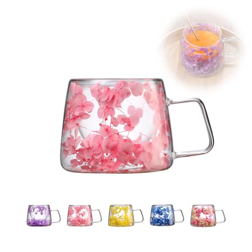 ダブルウォールグラス 200ml 二重構造 花マグカップ 耐熱 保温 保冷 グラスカップ おしゃれ ハンドル付き 家用 プレゼント 姉妹 ママ おばあちゃん 教師に最適なギフト (ピンク)