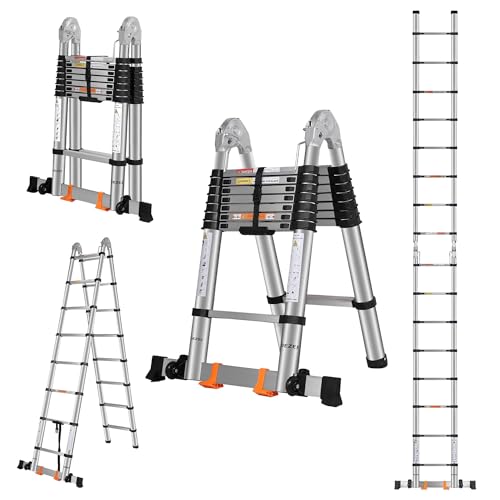 DEZEX A Frame Telescoping Ladders 16.5 FT Stainless Steel Telescopic Ladder with Balance Bar and Movable Wheels Multi-Purpose Collapsible Compact Ladder for Indoor Outdoor Work 330lbs Capacity