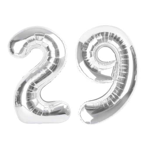 Image of Number Balloons 29 Balloon 40 inch Silver for 29 Birthday Party Decorations | Saturated Color, Large 40 in, With Straw & Hanging Hole, For Graduation Season, Thanksgiving, Anniversary, Christmas