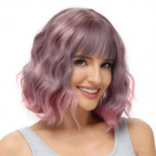 Rose bud Ombre Pink Wavy Bob Wig for Women Short Curly Wigs with Bangs