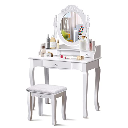 COSTWAY Set Mesa Tocador, Mesa de Maquillaje en Estilo Vintage con Espejo Ovalado Giratorio a 360° y 3 Cajones, Tocador de Madera Multifuncional con Taburete Acolchado para Dormitorio Salón