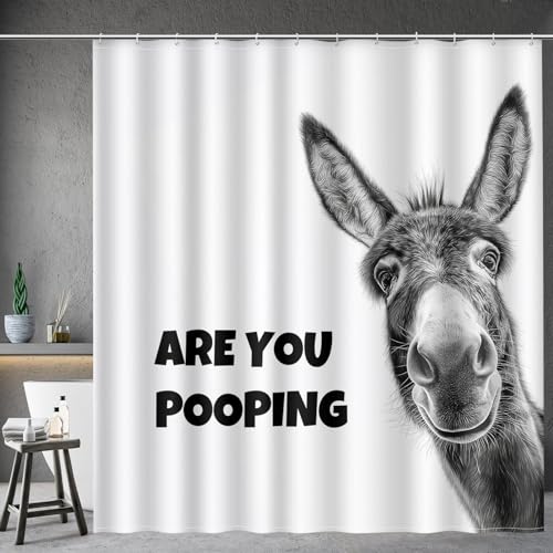 Image of Aimego Funny Donkey are You Pooping Shower Curtain Novelty Hilarious Whimsical Rustic Farmhouse Black and White Bathroom Bath Decor Bathtub Curtain Fabric Shower Curtain Set with 12 Hooks, 72 inchx72 inch