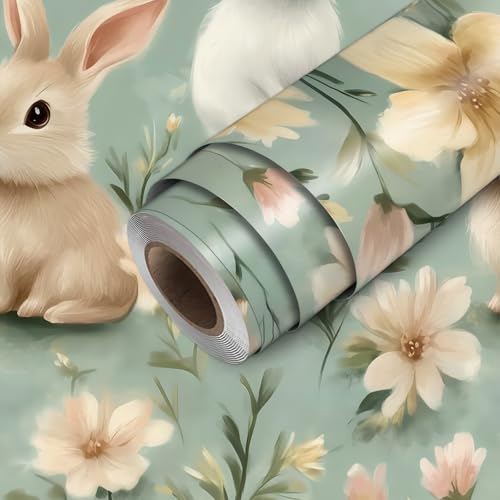 HOMETITUTE Bunny Wallpaper Peel and Stick Floral Rabbit Contact Paper Wall Paper Stick 17.7" x 118.1" Self Adhesive Vinyl Wall Covering for Nursery Kids Room Animal Decor by HOMETITUTE - Used condition - US$15.03
