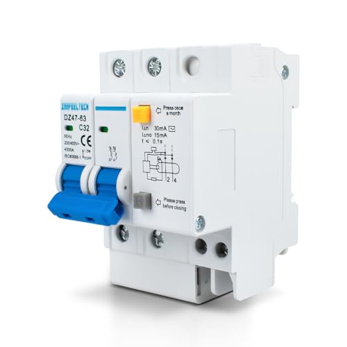 Innfeeltech 1 pièce 32 Ampère 230V Disjoncteur MCB bipolaire pour montage sur rail DIN avec protection contre les courants de fuite