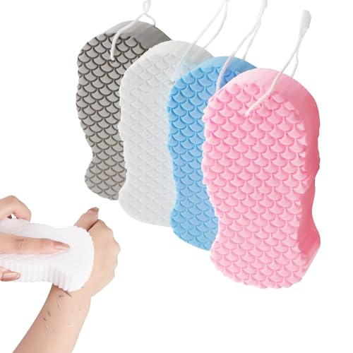 lioewhu Lot de 4 Éponge de Gommante Douche Réutilisable, Éponge de Bain Exfoliante, Éponge Visage et Corps Douce, Accessoire Douche Exfoliant, pour Nettoyer le Dos, Coudes et Pieds
