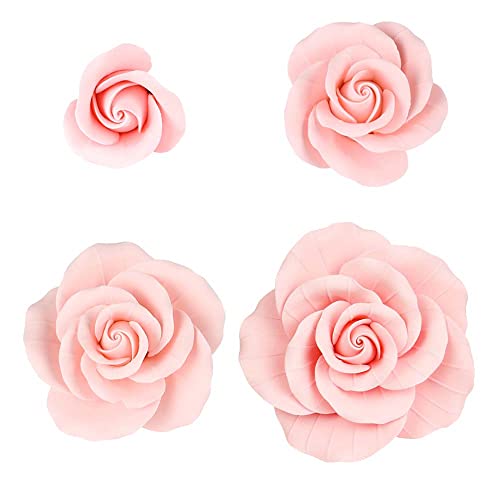 O'Creme Garden Roses Gumpaste Flower Set - Pink Edible Flowers for Cake Decorating - Sugar Flowers for Cakes, Candy, Cupcakes - Wedding, Valentines Day, Baby Shower - 4 Different Sizes, 2 of Each