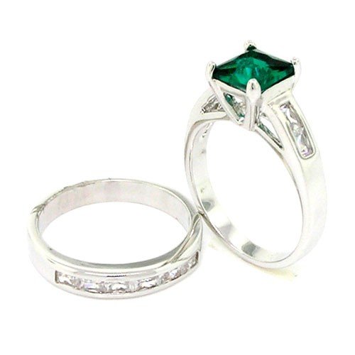Alljoy Classic 2-piece Wedding Set w/Emerald & White CZs