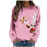 Jersey de Navidad para mujer, manga larga, sudadera de Navidad para mujer, sin capucha, camiseta de Navidad para mujer, cuello redondo con reno, motivos navideños, informal, parte superior básica,